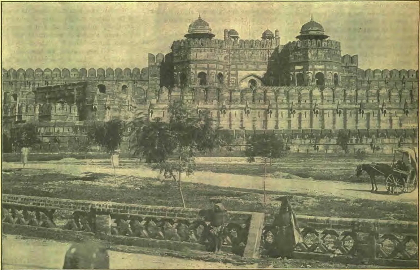 Agra Fort, where the British troops and Europeans of Agra were shot up during the Mutiny of 1857. They remained in the fort until the capture of Delhi. This fort was built by Magal rulers before the English got possession of India. Akbar began it in 1566 on the site of an older one constructed by Salim Shah Sur.