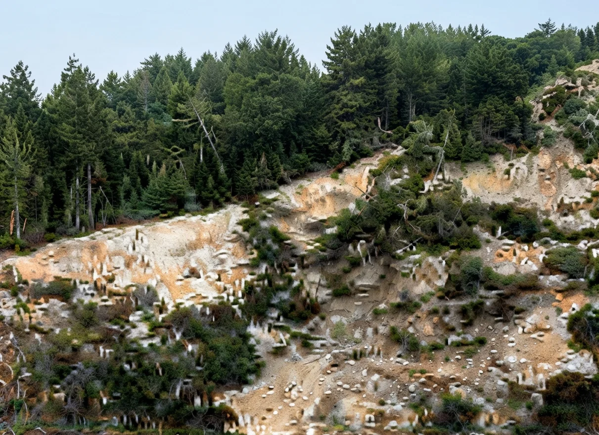 Another view of the explosion east of Healdsburg. These trees are about 200 feet high, and the entire mass thrown out by the eruption was covered with them. The chasm left by the eruption is about 2,000 feet long and about 600 feet wide, and 75 to 100 feet deep in places.