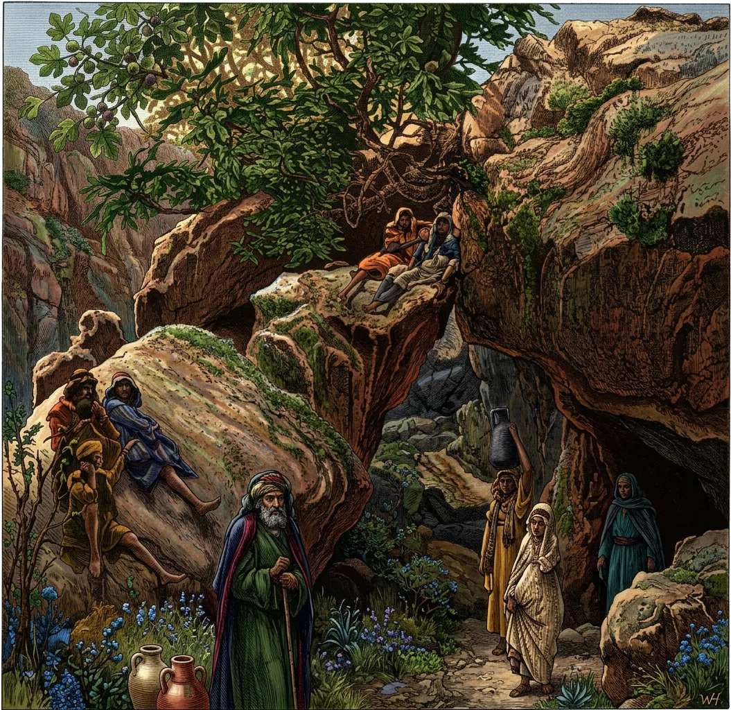 The cave at Endor. Its entrance is shown between two rocks overshadowed by a fig-tree. The cave is a natural one, and has within it a never failing spring of water, whence the name "En Dor," the "fountain of Dor." Here Saul consulted with the ancient medium who dealt with a familiar spirit, her "control." See Bible Reading.