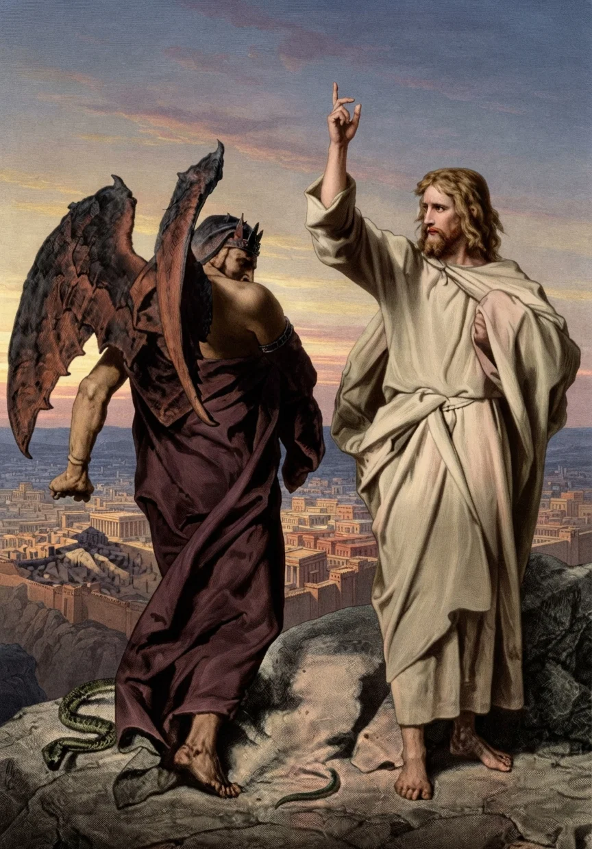 The last of the three temptations. Satan has offered the kingdoms of the world. Jesus has responded, "Get thee behind Me." The serpent in the picture is suggestive of the first temptation in Eden.