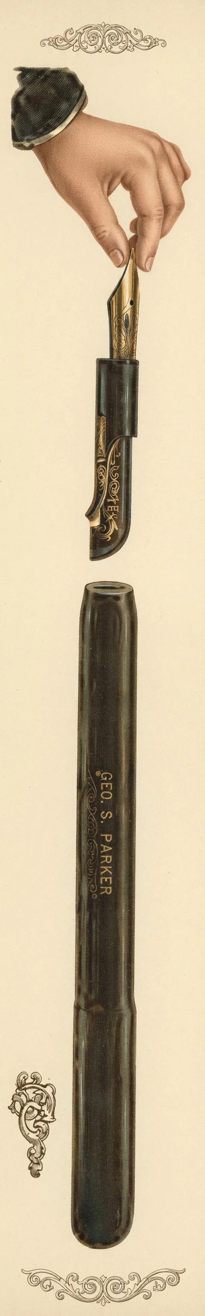 THE JOINTLESS, LUCKY CURVE GEO. S. PARKER FOUNTAIN PEN THE SUCCESS OF THE PEN AGE.