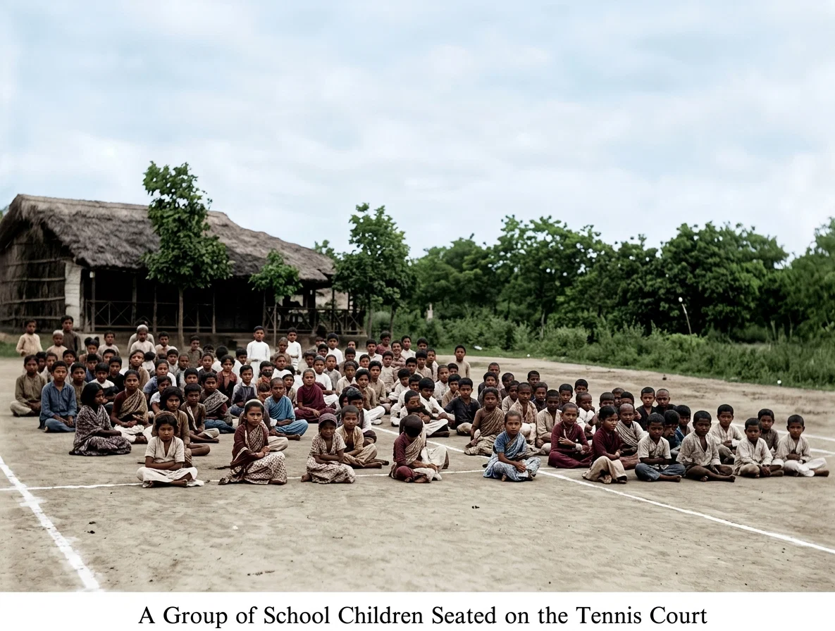 A Group of School Children Seated on the Tennis Court