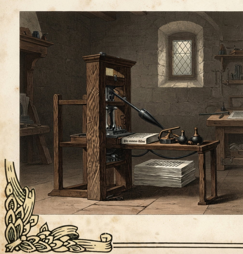 Engraving of an early wooden hand press