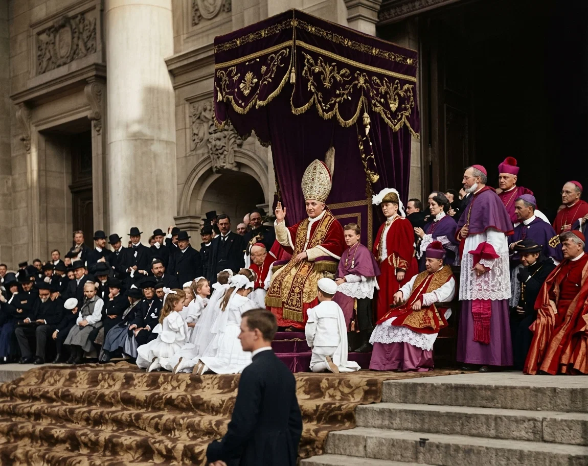 THE PAPAL LEGATE GIVING THE PAPAL BLESSING TO THE TWENTY-FIVE THOUSAND SCHOOLCHILDREN WHO MARCHED IN PROCESSION AND KNELT BEFORE HIM