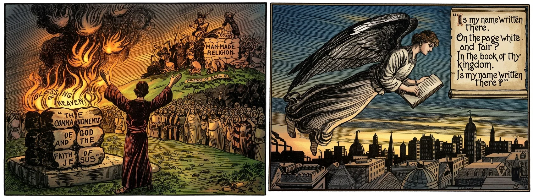 “If the Lord be God, follow Him; but if Baal, then follow him.” I Kings 18:21. The two altars, or the Elijah call to God's people to-day. Taking God's Census. A name in the “book of life” is more than aught that earth can give. “For I have much people in this city.” Acts 18:10.