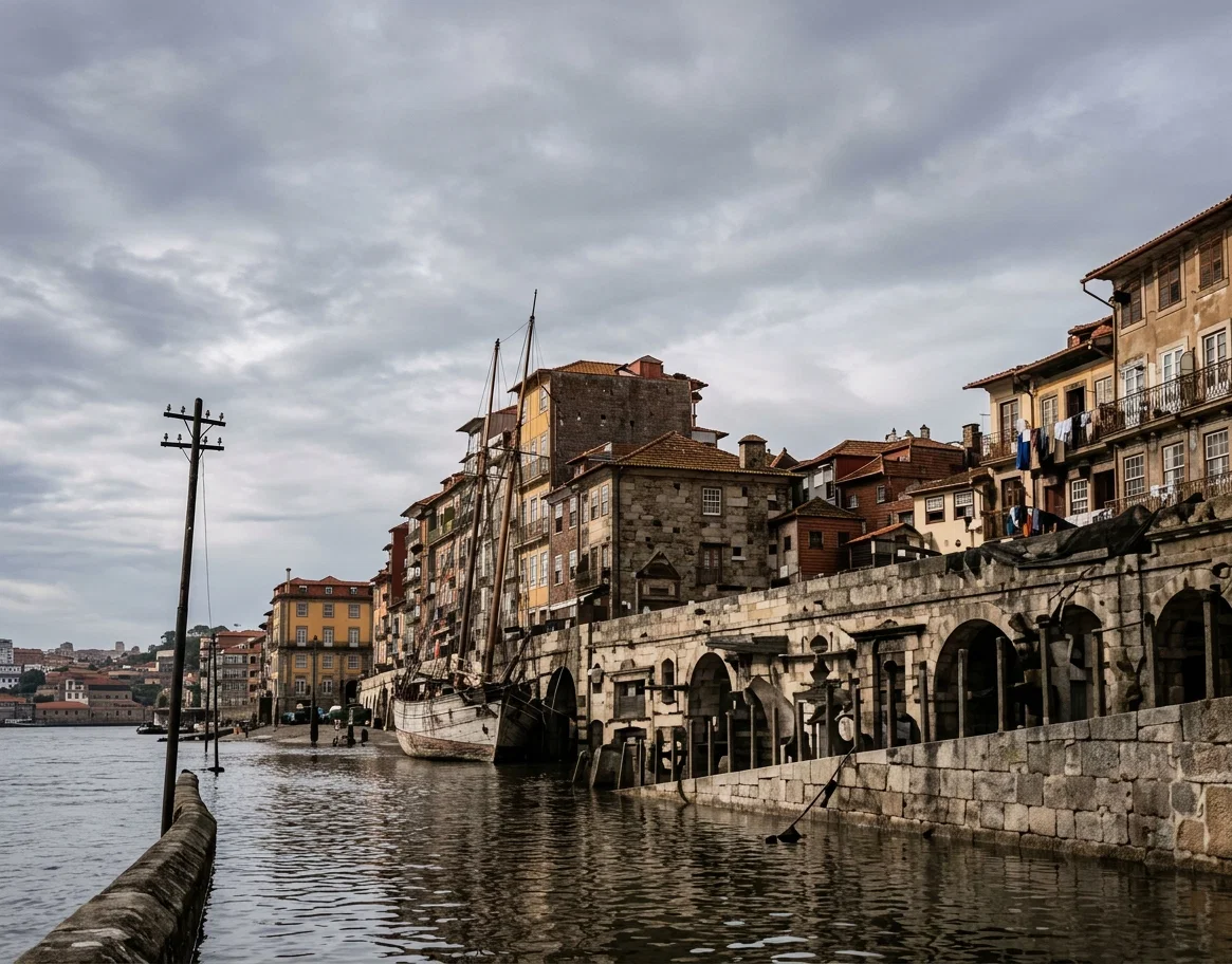 The Douro River, Portugal, out of its banks, carries a ship over the quay to the buildings.