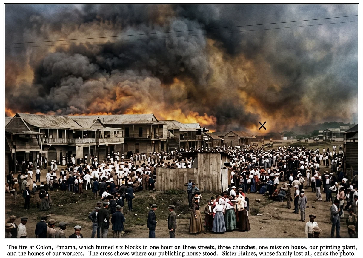The fire at Colon, Panama, which burned six blocks in one hour on three streets, three churches, one mission house, our printing plant, and the homes of our workers. The cross shows where our publishing house stood. Sister Haines, whose family lost all, sends the photo.