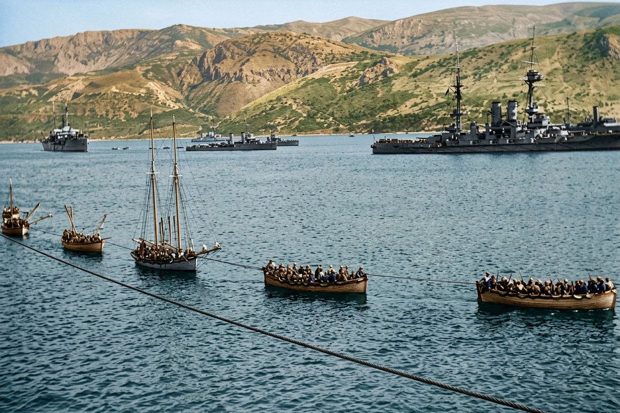 ALLIES LANDING REENFORCEMENTS IN THE DARDANELLES UNDER COVER OF BATTLESHIPS