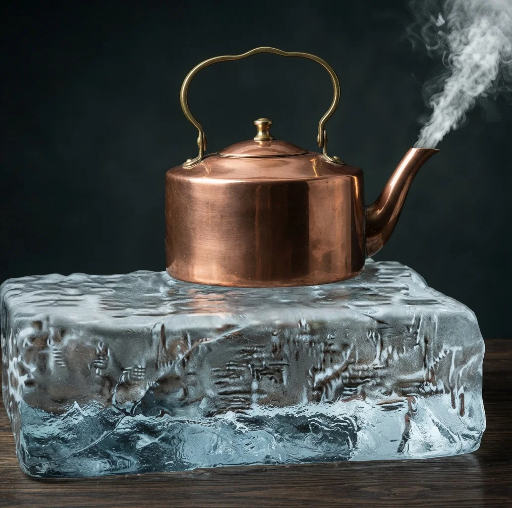 A kettle containing liquid air at 312° below zero, boiling on a block of ice. The temperature of ice is 32° above zero. There is therefore a difference in temperature of 344°.