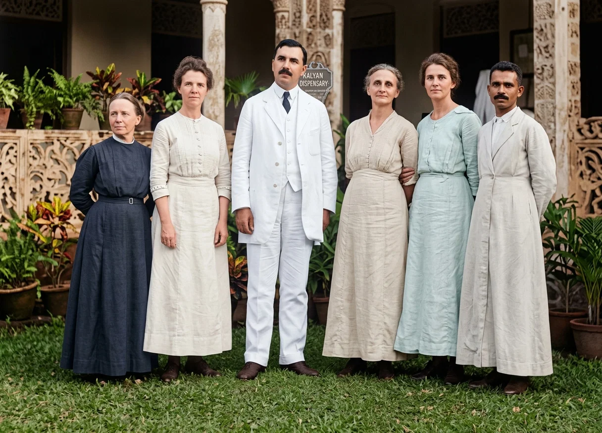 The workers in our Kalyan dispensary. Pastor M. D. and Mrs. Dr. Wood in the center.