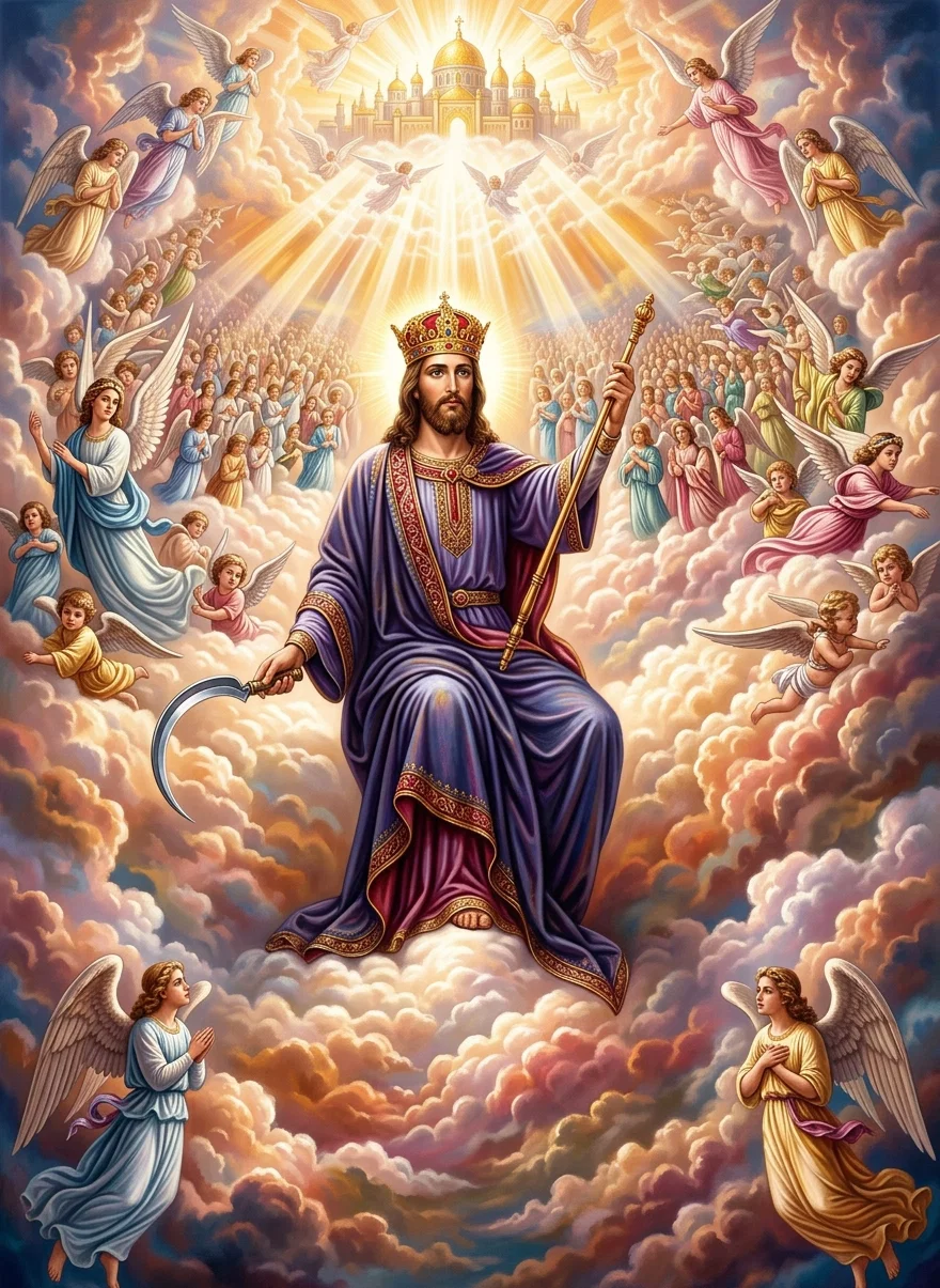 Coming, and all the holy angels with Him. "Behold, He cometh with clouds." "The Son of Man, having on His head a golden crown, and in His hand a sharp sickle."