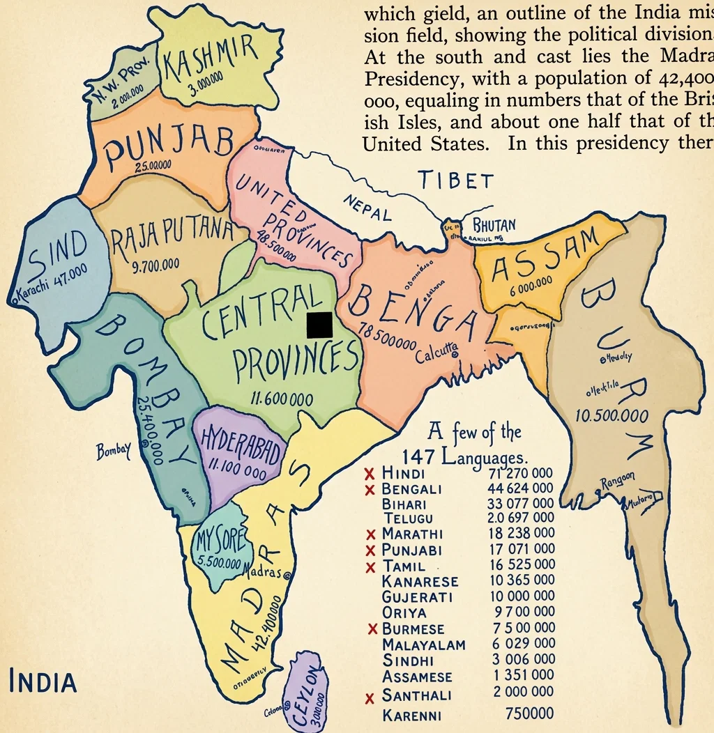PROVINCES, POPULATION, AND PRINCIPAL LANGUAGES OF INDIA. THE BLACK SQUARE SHOWS THE PROPORTION OF CHRISTIANS TO THE HEATHEN
