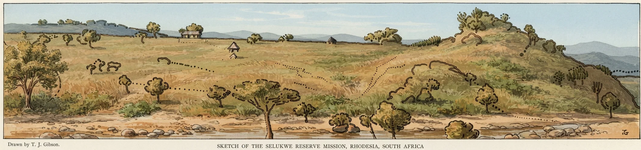 Drawn by T. J. Gibson. SKETCH OF THE SELUKWE RESERVE MISSION, RHODESIA, SOUTH AFRICA