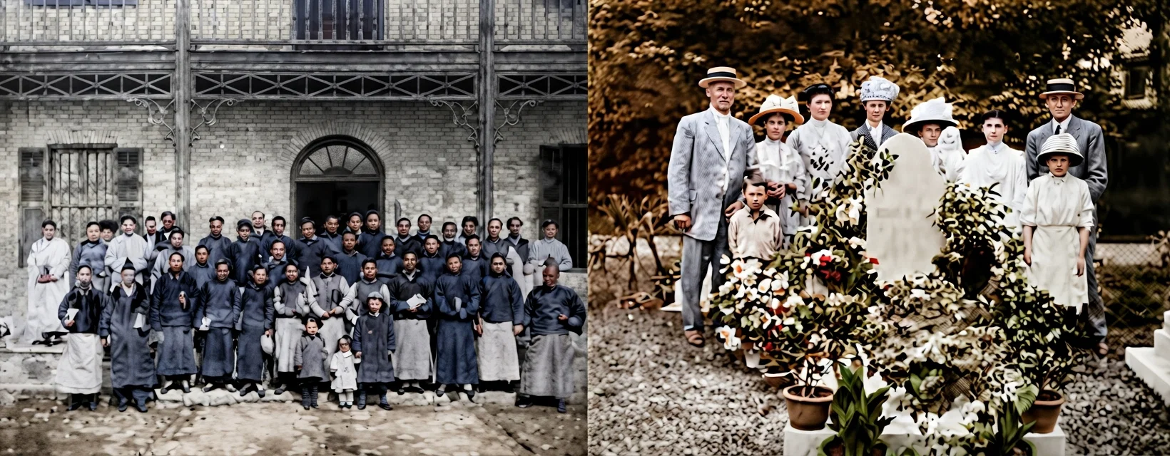 Teachers and students of the S. D. A. Mandarin training-school, Nanking, China; Brethren and sisters decorating the grave of Brother Esta Miller, May 13, 1913, Bubbling Well Cemetery, Shanghai
