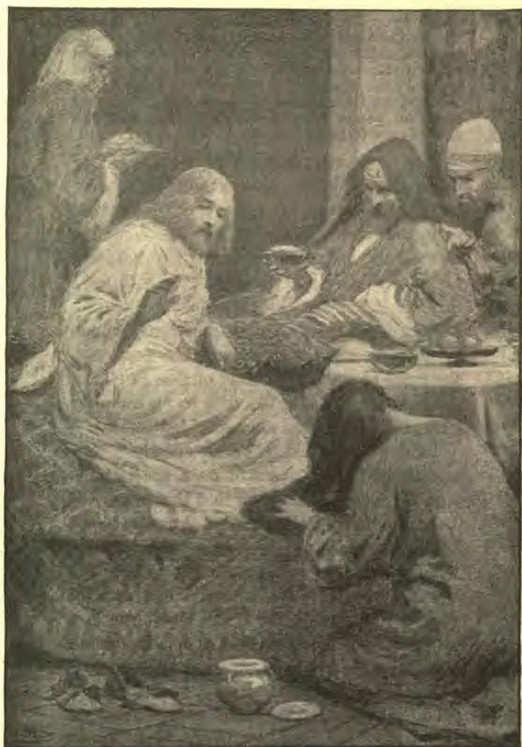"And one of the Pharisees desired Him that He would eat with him. And He went into the Pharisee's house, and sat down to meet. And, behold, a woman in the city, which was a sinner, when she knew that Jesus sat at meet in the Pharisee's house, brought an alabaster box of ointment, and stood at His feet behind Him weeping, and began to wash His feet with tears, and did wipe them with the hairs of her head, and kissed His feet, and anointed them with the ointment. . . . And He said unto her, Thy sins are forgiven. . . . Thy faith hath saved thee; go in peace."