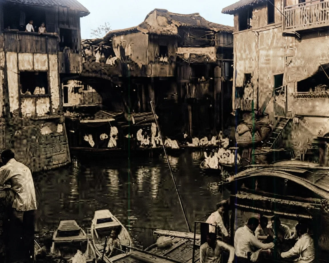 Waiting for the dragon boat. Many of the Chinese hire a house-boat and float around on the canals, playing, singing, and gambling, during the time of the dragon boat festival.
