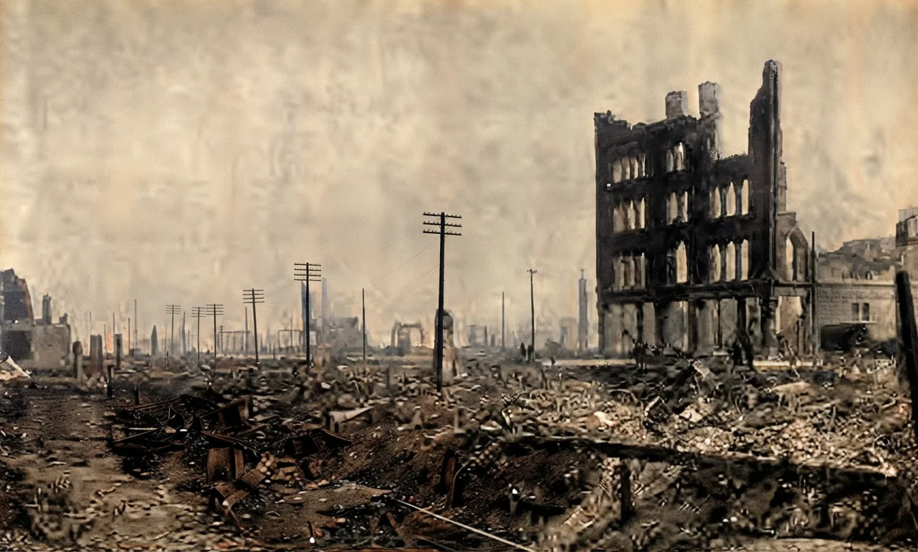 A view on the south of Market Street, showing acres and acres of the devastated business districts, in which all that can be seen is smokestacks, iron telegraph poles, and ruined walls.