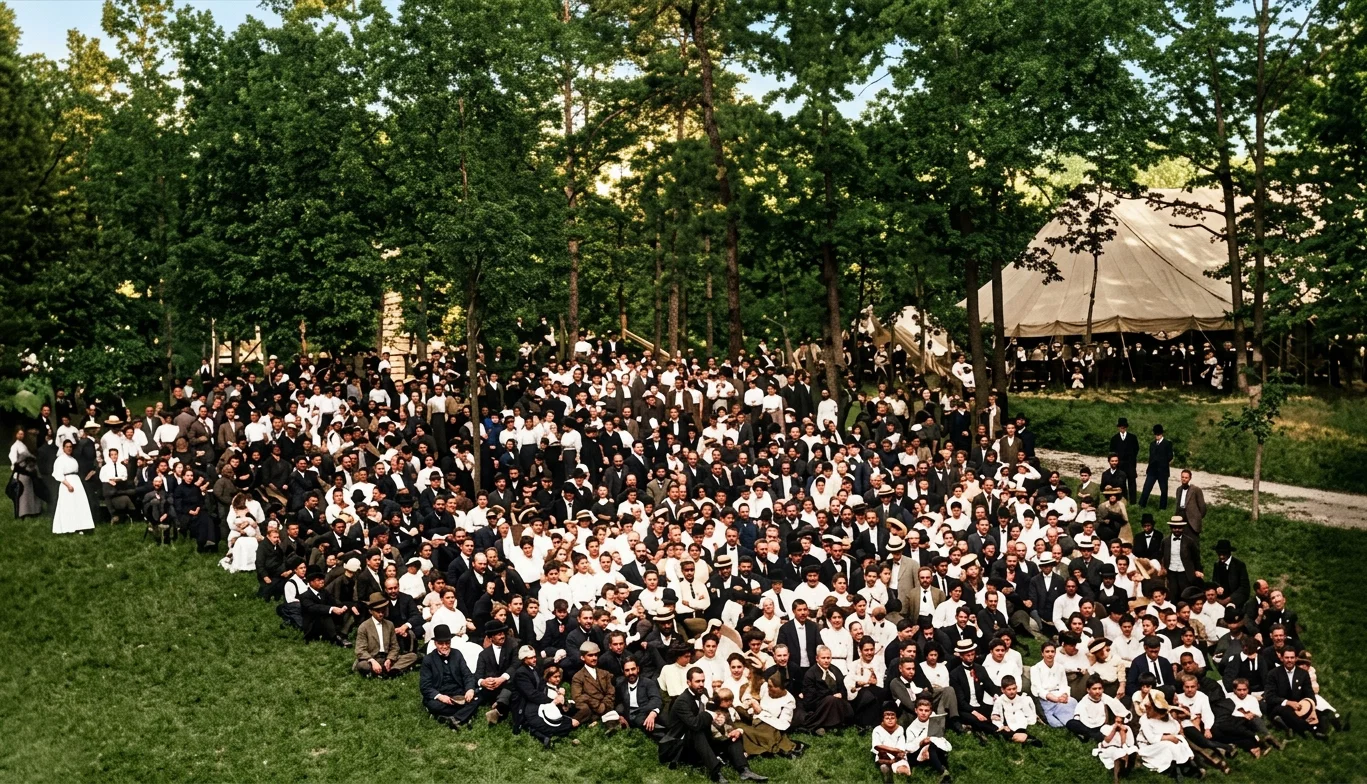 The General Conference assembled on the green, the big tent where the meetings were held in the upper right-hand corner.