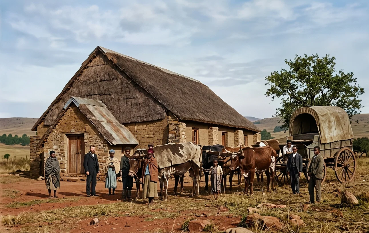 MISSIONARY WAGON AND NATIVE CHURCH