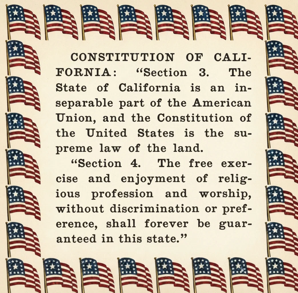 CONSTITUTION OF CALIFORNIA: "Section 3. The State of California is an inseparable part of the American Union, and the Constitution of the United States is the supreme law of the land. "Section 4. The free exercise and enjoyment of religious profession and worship, without discrimination or preference, shall forever be guaranteed in this state."