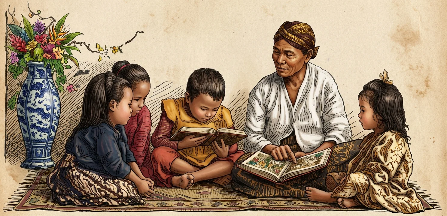BETSY READING THE "OLD, OLD STORY" (IN JAVA, EAST INDIES).