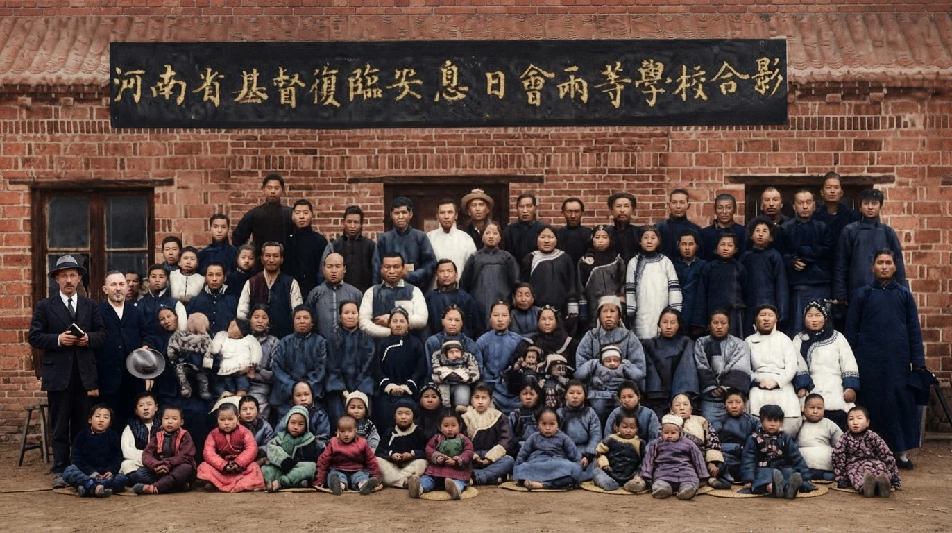 NATIVE CONVERTS ATTENDING SEVENTH-DAY ADVENTIST MISSION SCHOOL, HONAN, CHINA — WALL OF NEW SCHOOL BUILDING IN BACKGROUND
