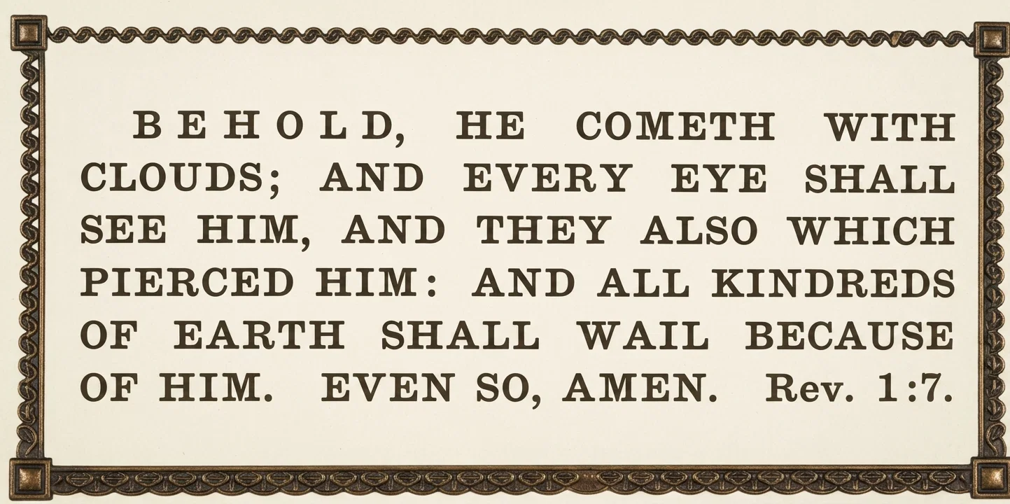 BEHOLD, HE COMETH WITH CLOUDS; AND EVERY EYE SHALL SEE HIM, AND THEY ALSO WHICH PIERCED HIM: AND ALL KINDREDS OF EARTH SHALL WAIL BECAUSE OF HIM. EVEN SO, AMEN. Rev. 1:7.