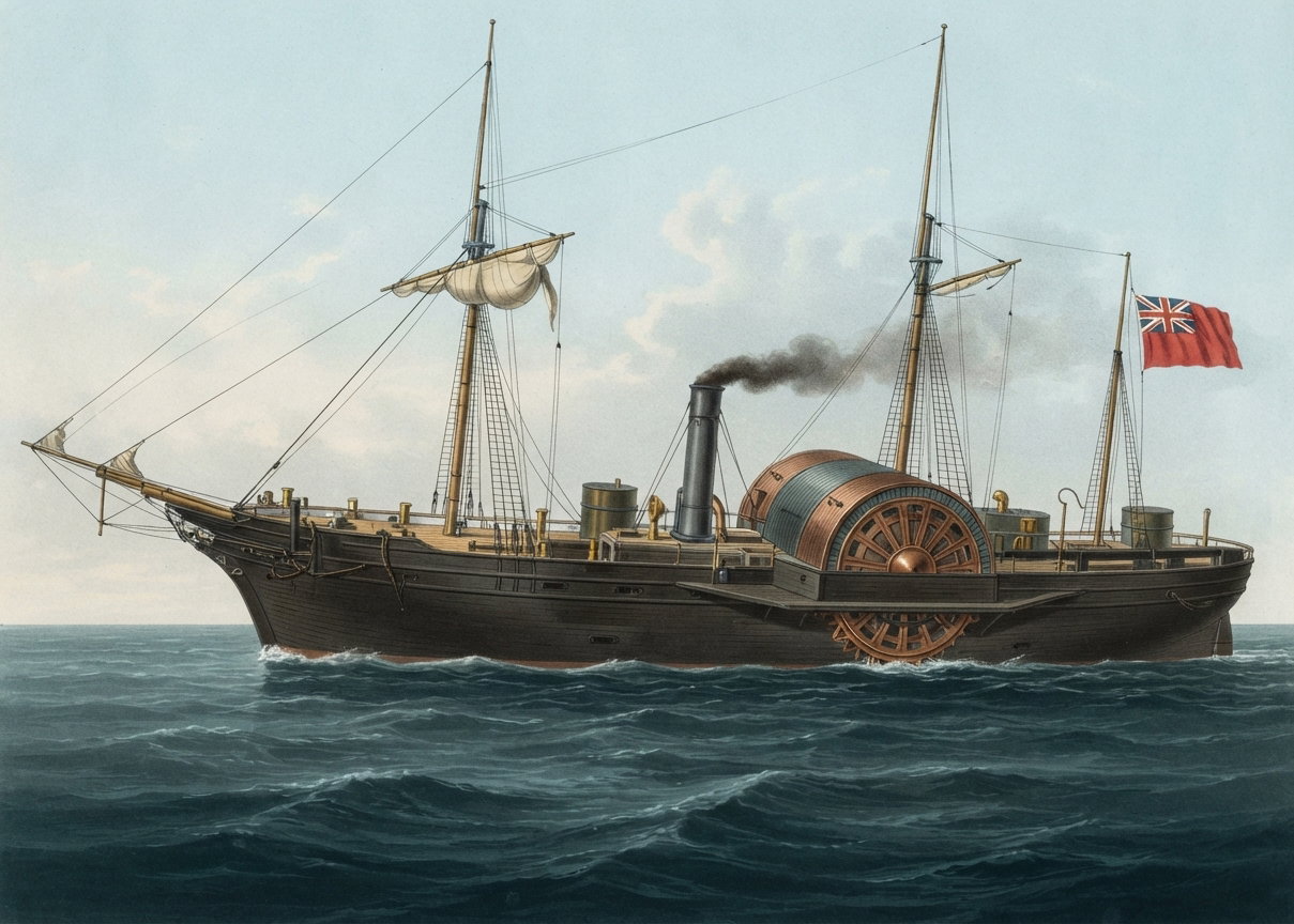 Early paddle steamer at sea