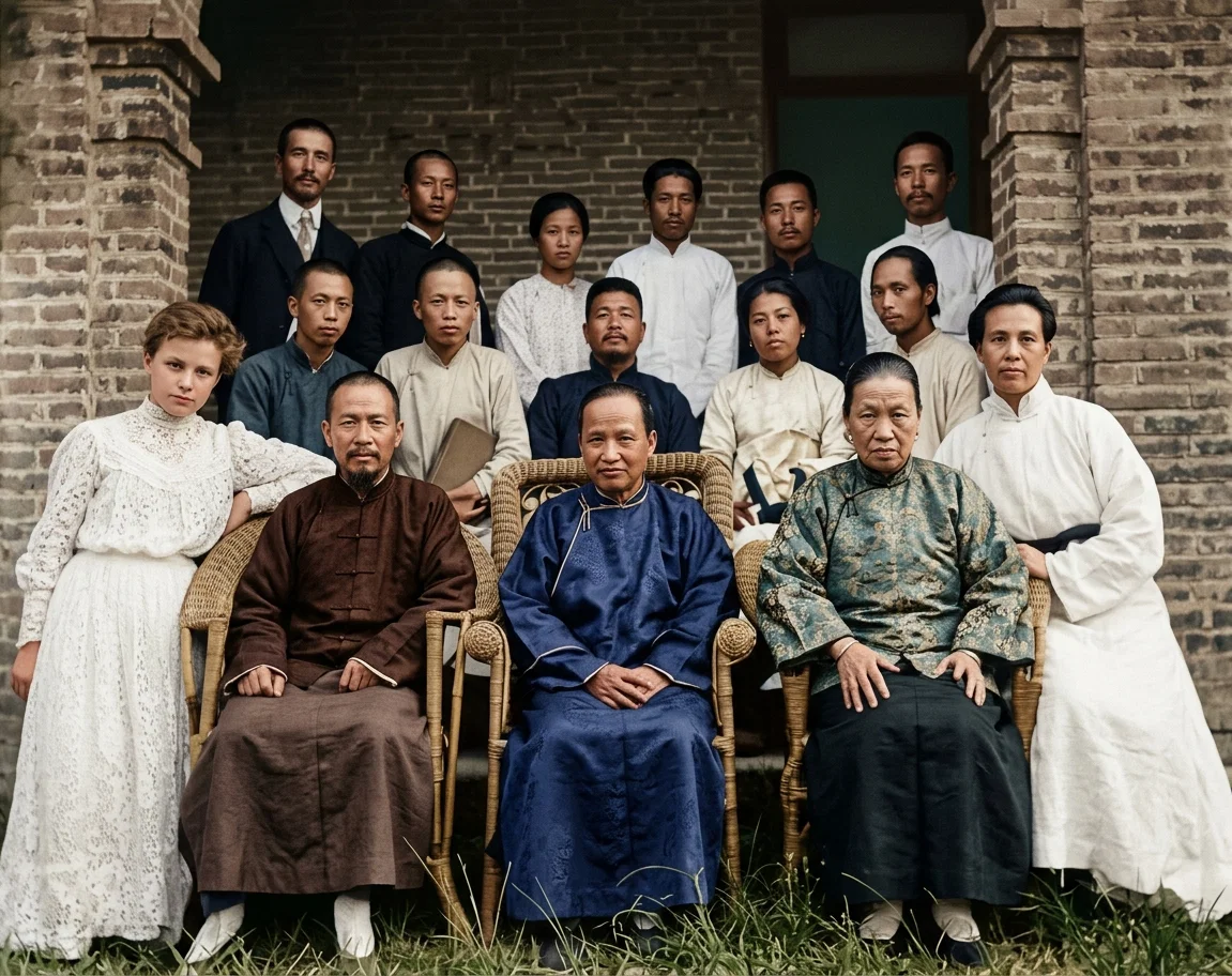 A GROUP OF WORKERS IN CHINA. ELDER KEH IS SEATED IN THE CENTER