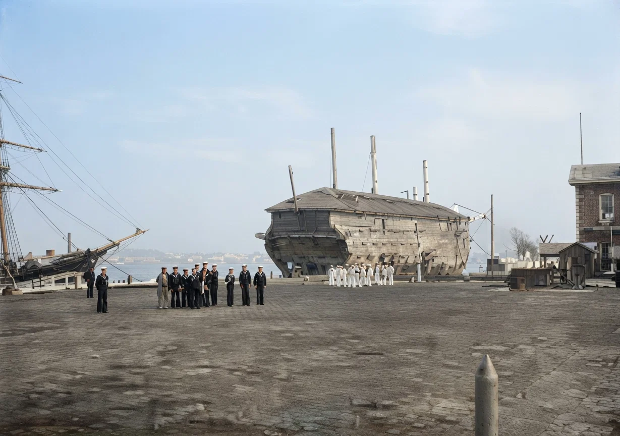 The old frigate "Vermont." Completed in 1848, and now housed over and used as a receiving ship at Cob Dock in the New York (Brooklyn) Navy Yard. She was an up-to-date war-ship of the second-class sixty years ago.
