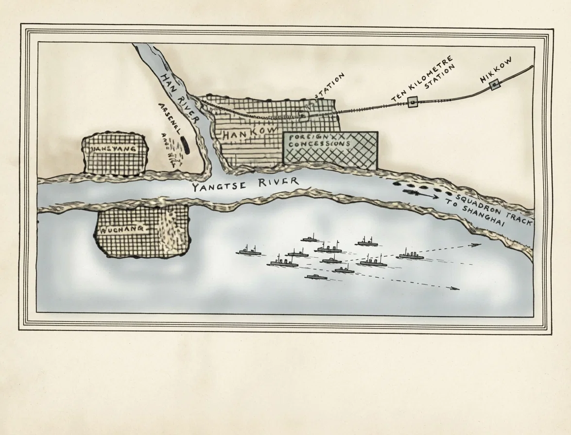 Map of Hankow, Wuchang, and Hanyang on the Yang-tse River where the revolution struck its first great blow