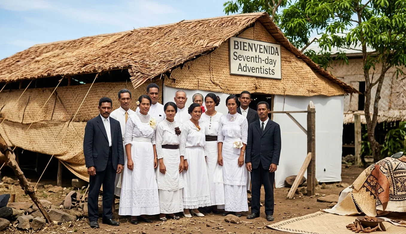 A NATIVE SEVENTH-DAY ADVENTIST CHURCH BUILDING IN APIA, SAMOAN ISLANDS, AND THE CHURCH MEMBERS