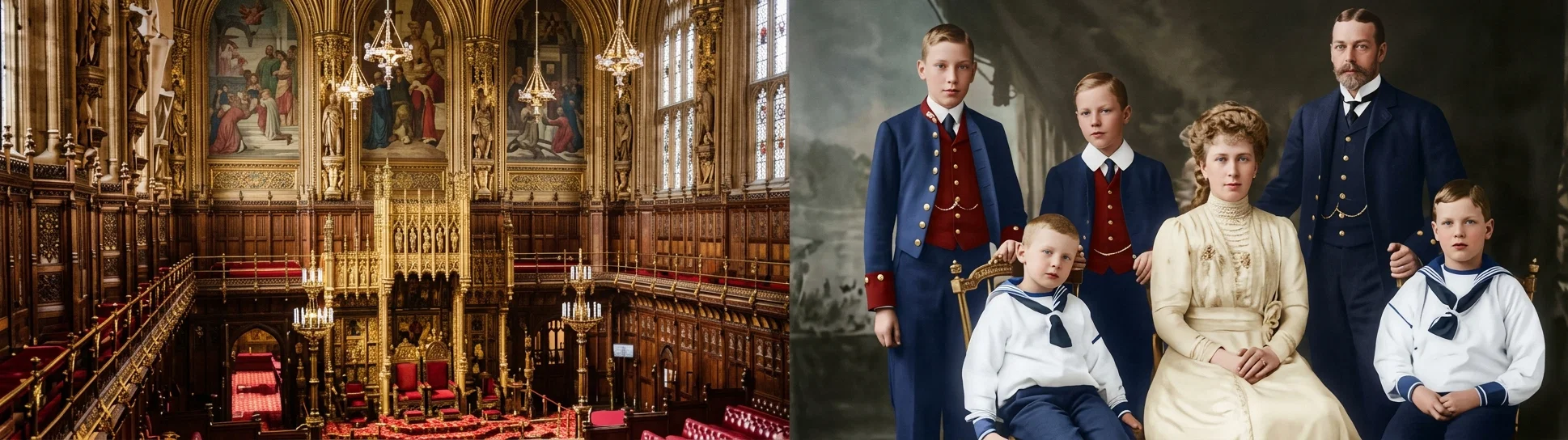 The Historic House of Lords, where meet the Peers of the English Parliament, who have been passing through a struggle for their very existence. The children of King George and Queen Mary. The back row, beginning at the left, Prince Albert, Prince Henry, the Prince of Wales. In front, Prince John, Princess Mary, Prince George.