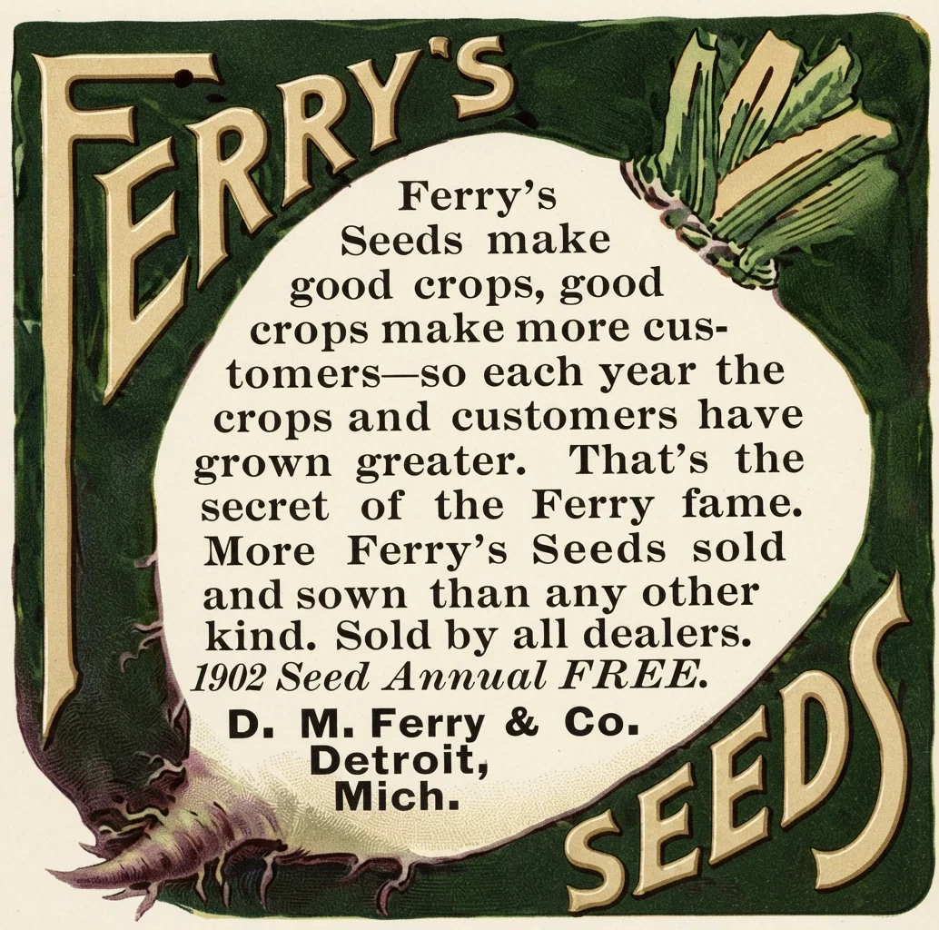 Ferry's Seeds make good crops, good crops make more customers—so each year the crops and customers have grown greater. That's the secret of the Ferry fame. More Ferry's Seeds sold and sown than any other kind. Sold by all dealers. 1902 Seed Annual FREE. D. M. Ferry & Co. Detroit, Mich.