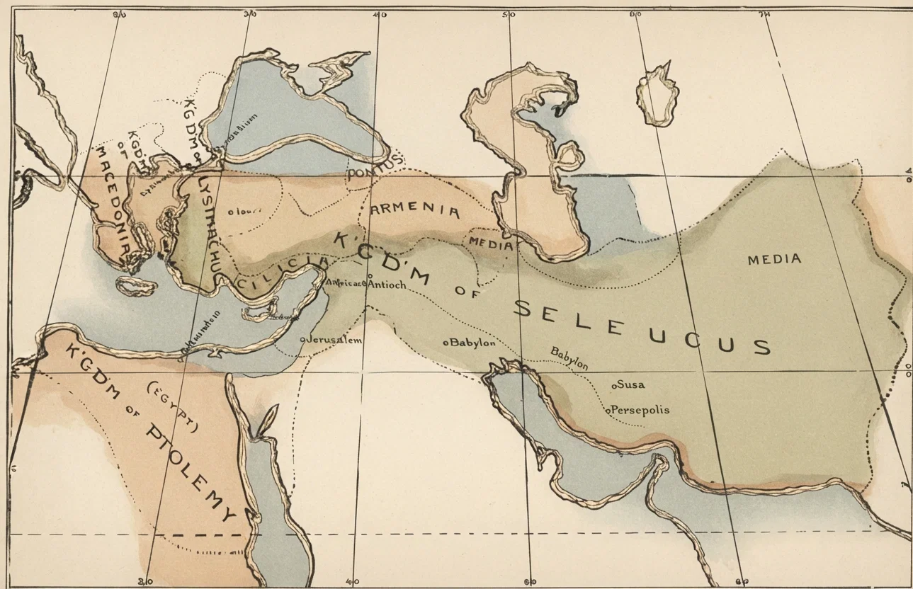 Division of Alexander's empire in four parts, B.C. 301. Seleucus had the largest part, including old Assyria and Chaldea, and a portion of Asia Minor; Ptolemy had Egypt; Cassander, Macedonia, and Cilicia in Asia Minor; Lysimachus had a part of Thrace and the west parts of Asia Minor. This map is from "Larned's History of Ready Reference," volume 3.