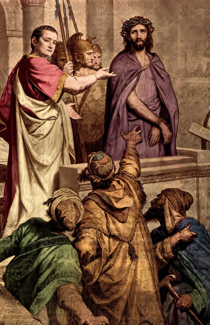Hofmann Christ and Pilate. "Behold the Man," says Pilate; and in Him behold every other persecuted man for whom that Man stood. Might then seemed triumphant, and priests and Pilate in power; but the Man knew then, as His followers now may know, that in Right is Might eternal.