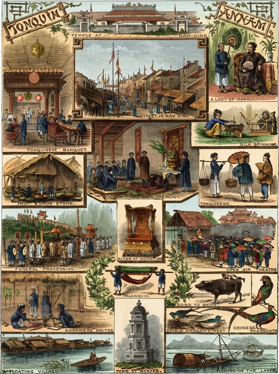 TEMPLE AT NAM-DINH.
STREET IN NAM-DINH.
A LADY OF RANK.
SILK SPINNING.
TONQUINESE BANQUET.
FRUIT & DRUG STORE.
MARRIAGE CEREMONY.
TONQUINESE.
FUNERAL PROCESSION.
ALTAR OF ANCESTORS.
OPEN AIR THEATRE.
PALANQUIN.
GOING TO BATTLE.
ANNAMESE SMITHS.
TOMB OF BONZES.
EDIBLE SWALLOW'S NEST.
CHINESE PHEASANTS.
FLOATING VILLAGE.
FISHING ON THE LAKES.