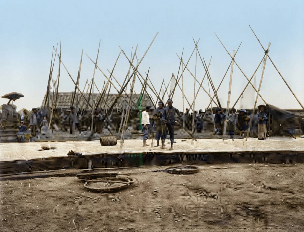 A public market-place where officials are collecting taxes which are paid in rice