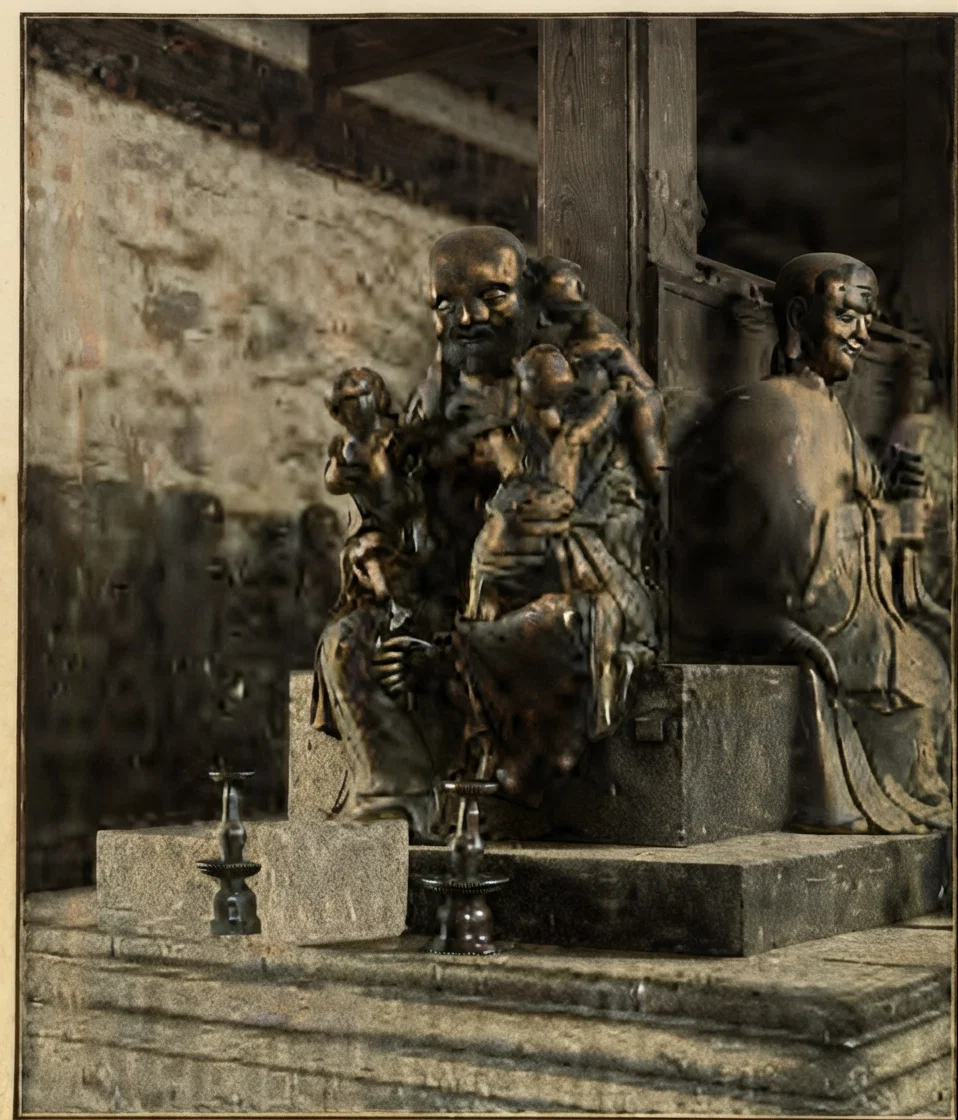Buddha, with three smaller ones climbing on him. Wives desiring children worship at this shrine.