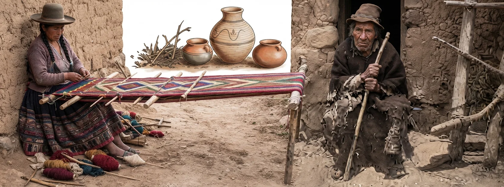 THE OLD INDIAN OF WHOM WE BOUGHT THE MISSION PROPERTY AND AN INDIAN WOMAN WEAVING BY HIS HUT