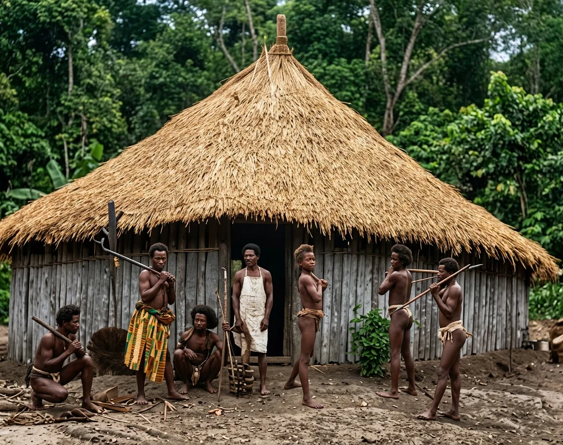 Native African House with Wall and Thatch Roof.
