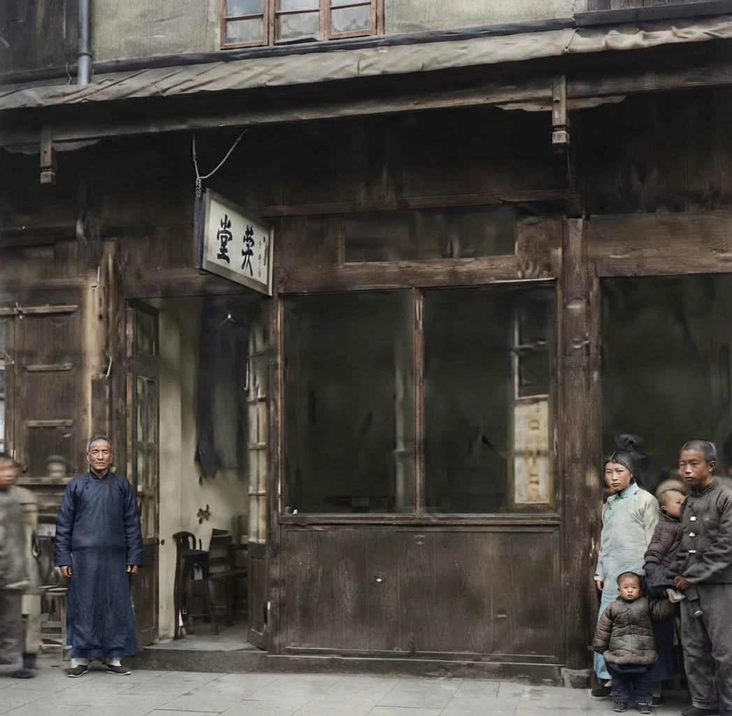 In front of our Shanghai chapel. Li Fah Kung, our evangelist, at the door.
