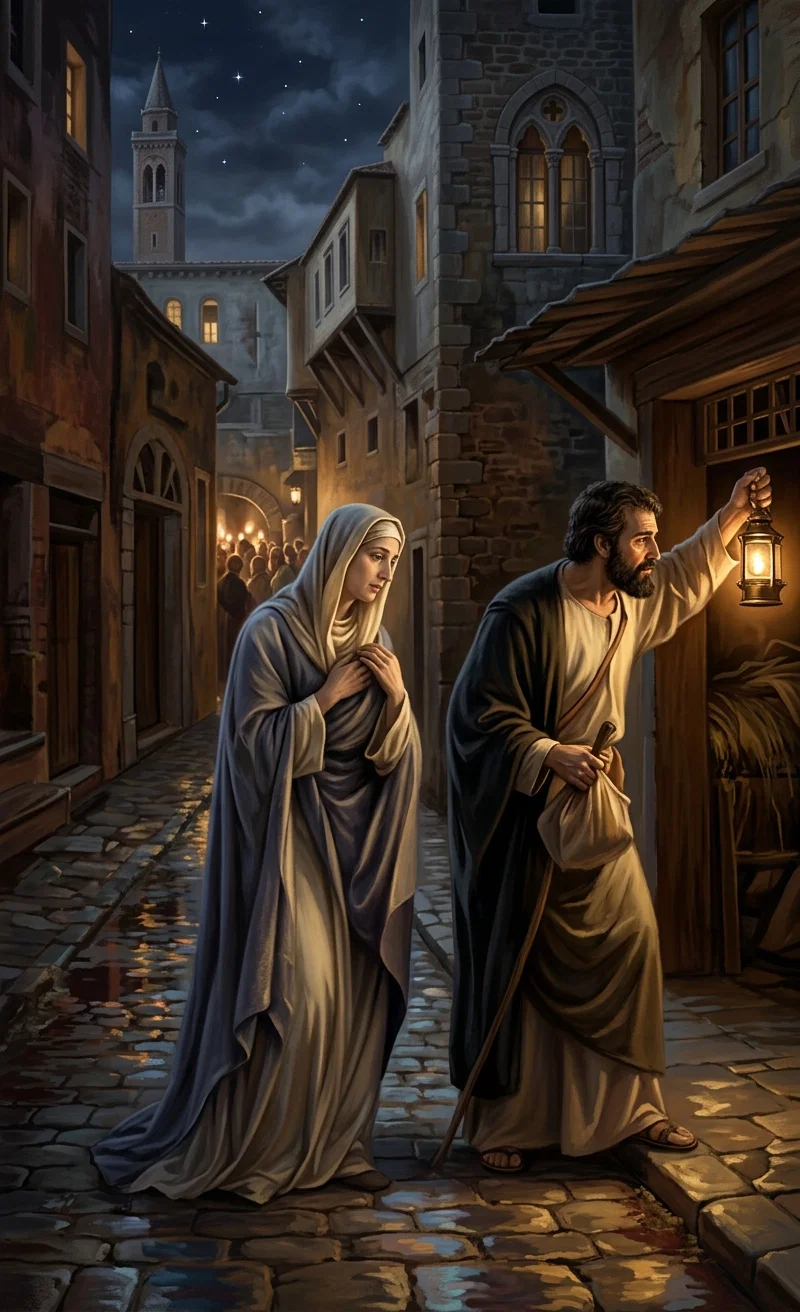 Weary and homeless, they traverse the entire length of the narrow street . . . vainly seeking a resting-place for the night. There is no room for them at the crowded inn.