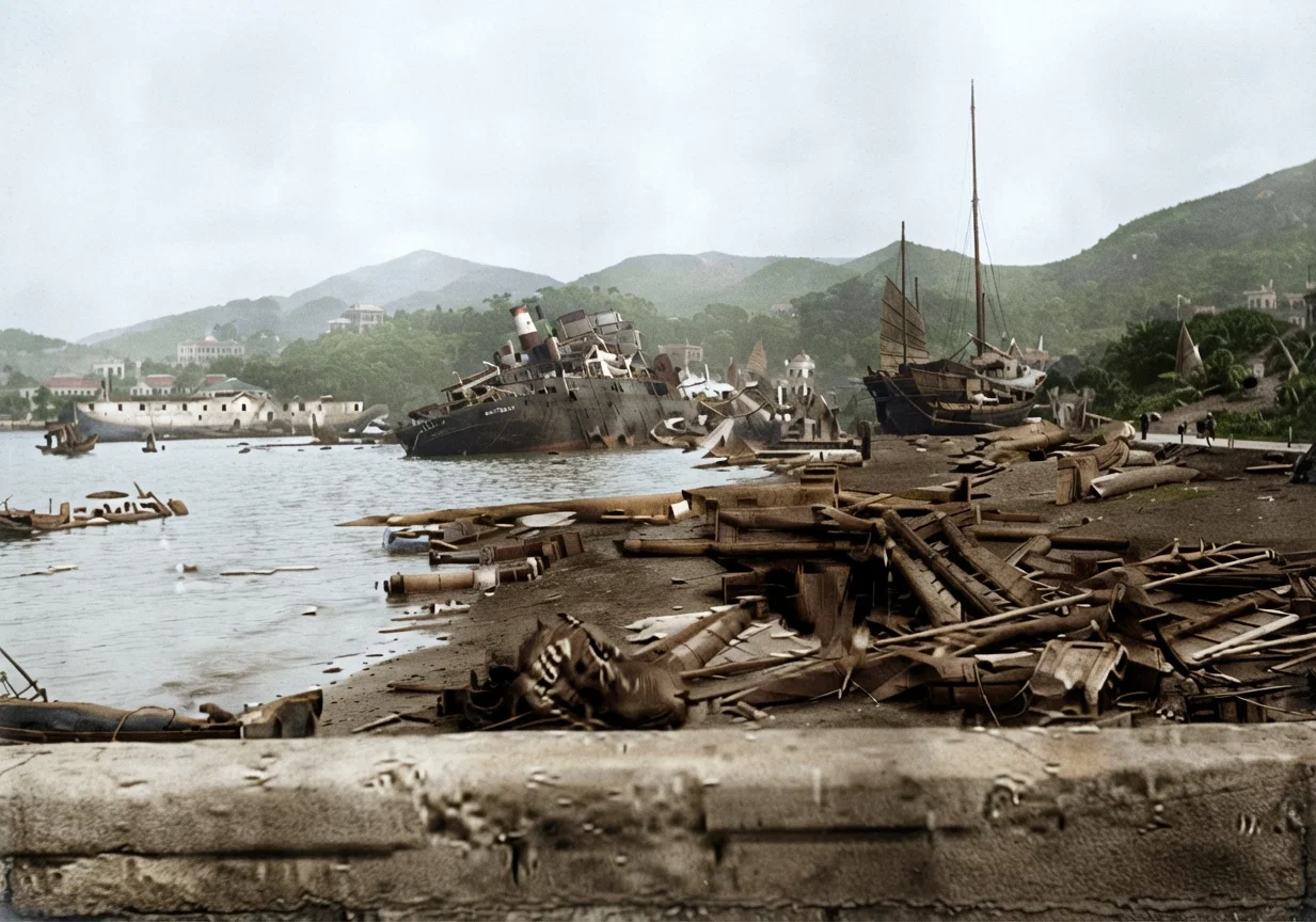 Hospital "Monteagle." Showing effects of typhoon in Hong Kong, Sept. 18, 1906. Ocean liners washed ashore, and general wreckage.