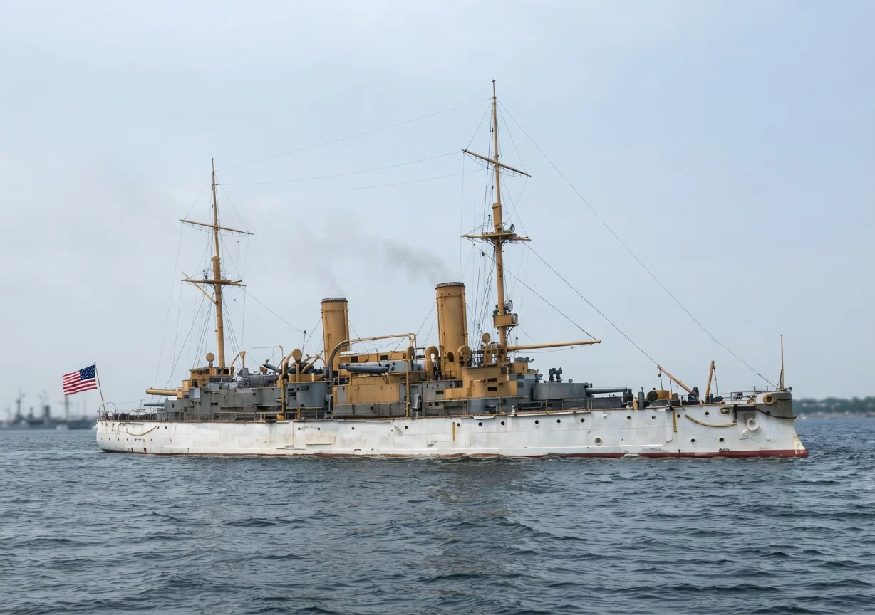U. S. protected cruiser “Olympia.” Displacement, 5,870 tons. Speed, 21½ knots. Guns: ten 5-in. rapid-fire; four 8-in.; eleven 5-in.; fourteen 6-pounders, rapid-fire; four 1-pounders, rapid-fire; two Colts. Admiral Dewey’s flagship in Manila Bay, May 1, 1898.