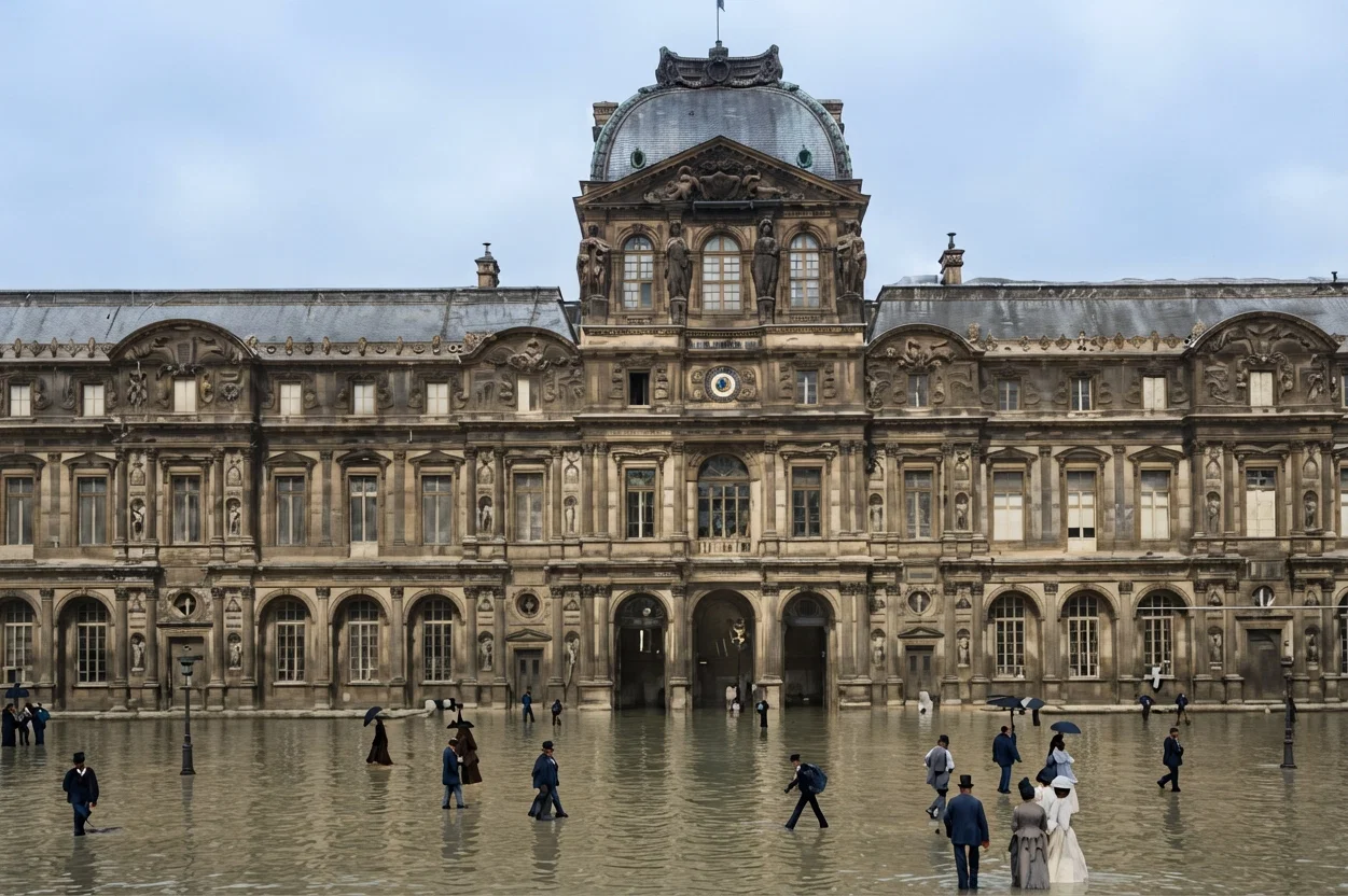 Palace of the Louvre Pavilion of Henry II, a great group of buildings, used as a fortress, arsenal, prison, royal residence, gallery of arts, museum, now filled with the richest collection of art treasures and works of antiquity of any building in the world. The basement was flooded with water.