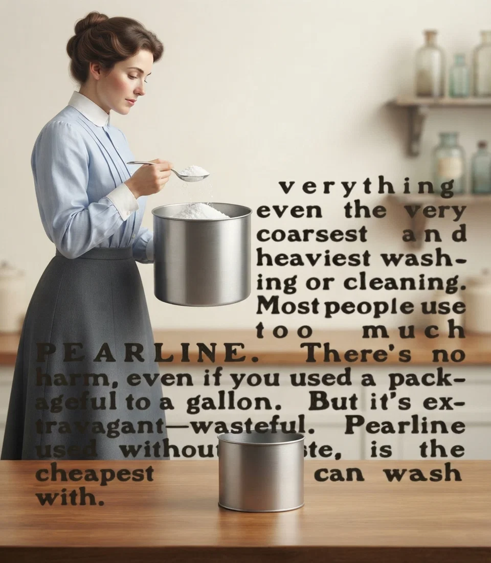 A Tablespoonful of Pearline to a gallon of water. That's enough to do everything, even the very coarsest and heaviest washing or cleaning. Most people use too much PEARLINE. There's no harm, even if you used a packageful to a gallon. But it's extravagant—wasteful. Pearline used without waste, is the cheapest thing you can wash with. Pearline 700 Saves at every point