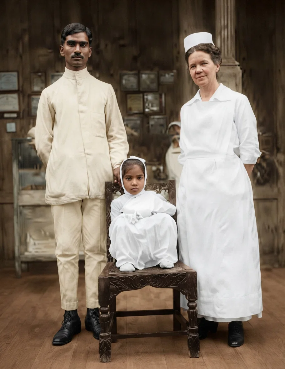 NURSES AND PATIENT Mrs. A. G. Kelsey, with the little Indian girl who was so badly burned, and an Indian trained nurse.