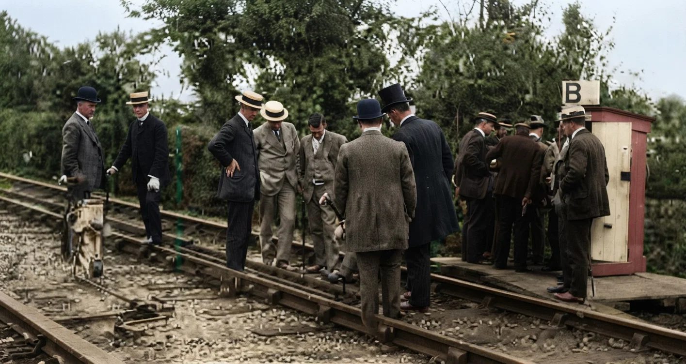 Photo by Paul Thompson. The Prentice system of operating trains by wireless. The "box" is being explained by means of which the engine picks up the wireless waves. Note the central rail by which the waves are transmitted. When the train passes into the "danger zone," it is not only warned, but brought to a standstill.