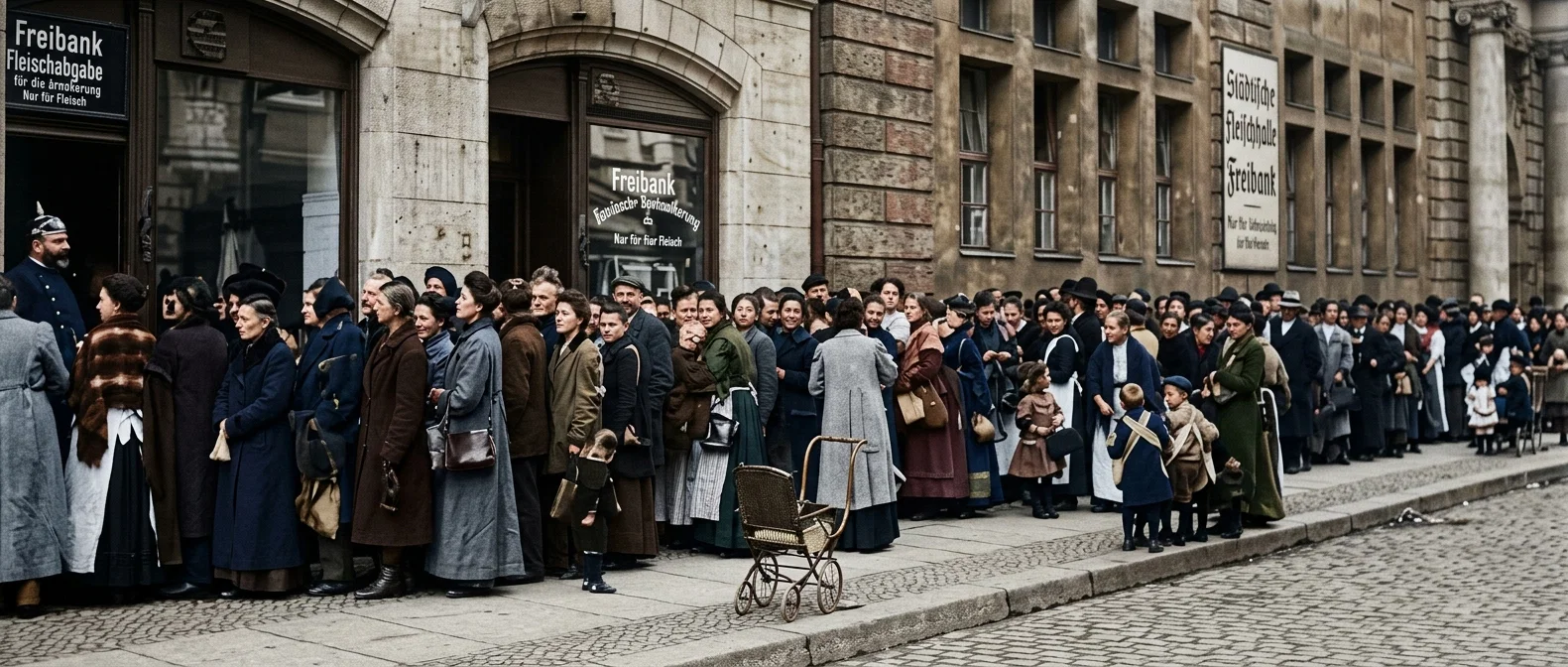 Trans-Atlantic News Service Company
POOR PEOPLE IN GERMANY IN LINE TO GET CHEAP MEAT THAT HAS BEEN CONDEMNED IN THE REGULAR MARKETS FOR THE WELL-TO-DO
“Men Whose Pockets Are Chronically Empty”